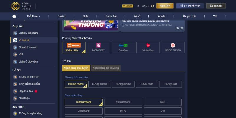 Phương thức thanh toán hỗ trợ nạp rút tại casinomcw